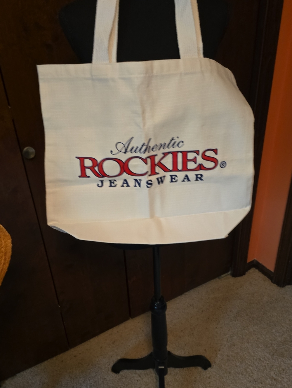 Authentic Rockies Jeanswear Canvas Tote - White with Red & Navy Logo